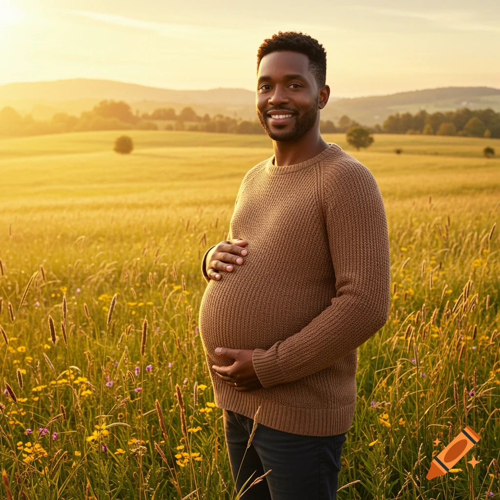A smiling Black man with a pregnant belly stands in a sunlit golden field at sunset, hands resting on his belly.