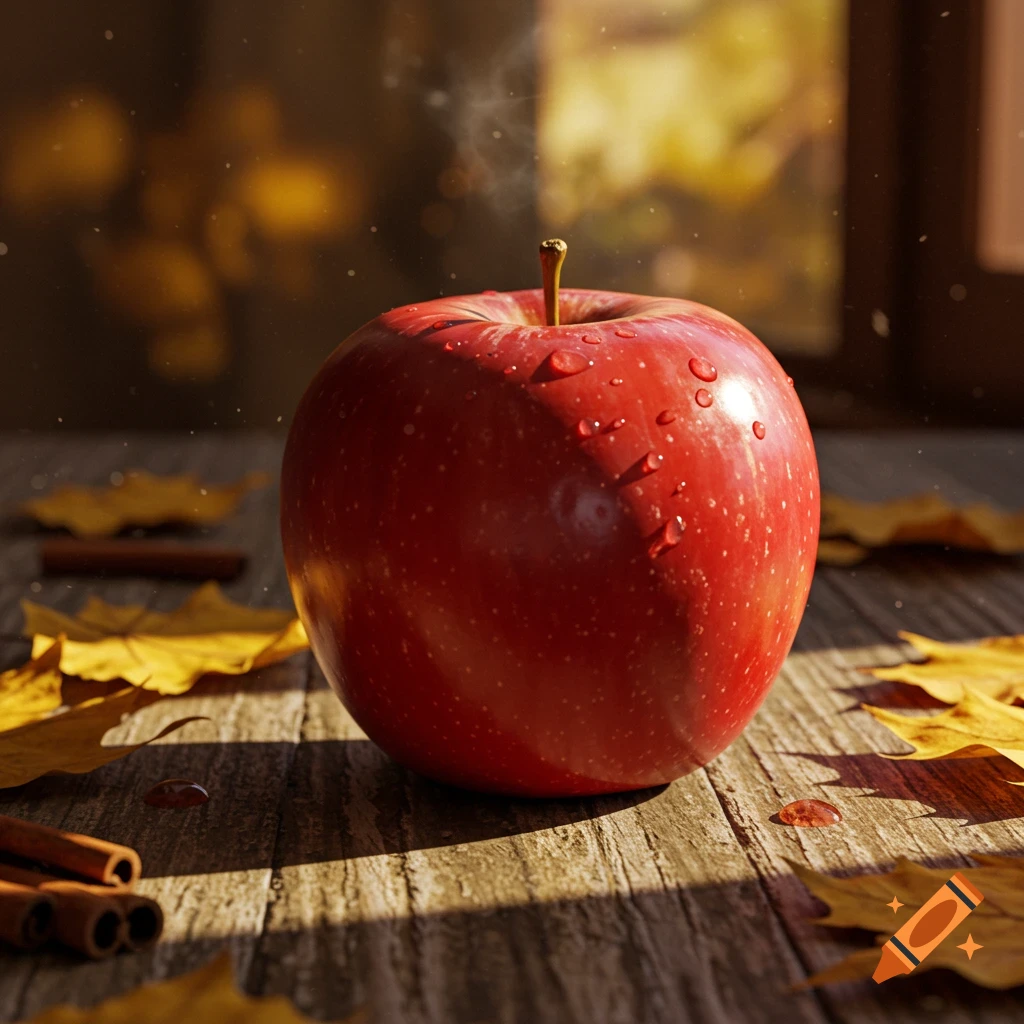 A photorealistic image of a red apple with water droplets on a rustic wooden table, surrounded by fallen autumn leaves and cinnamon sticks.