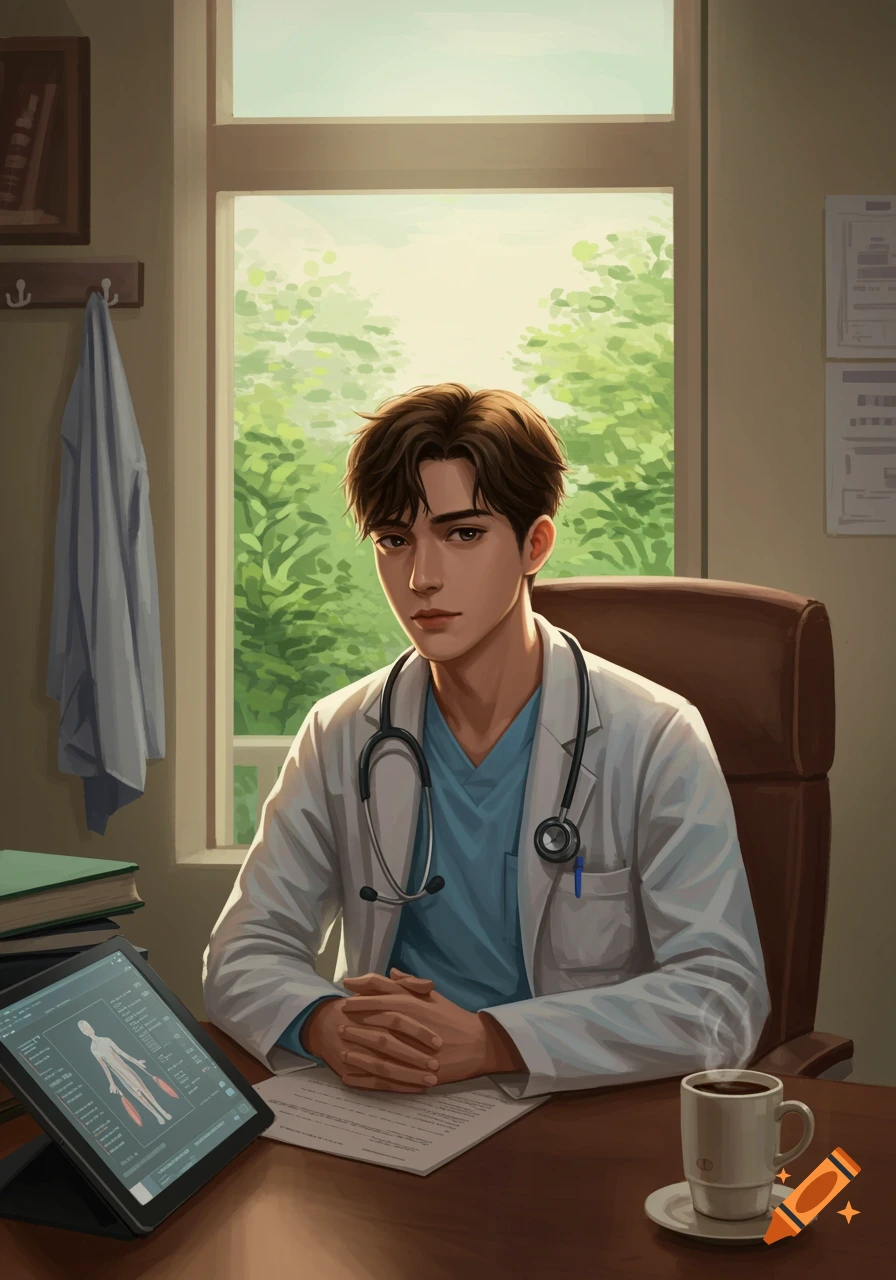 An illustrated young male doctor in a white coat sits at a desk with a tablet, papers, and coffee in a sunlit office.