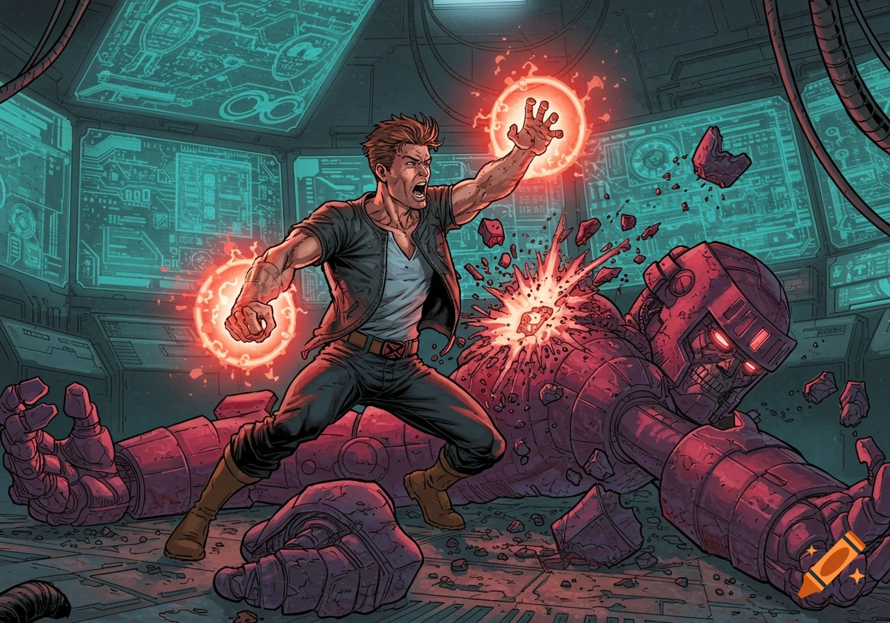 A male mutant with a crimson aura tears through a giant Sentinel robot in a sci-fi Danger Room, in a dynamic comic book art style.