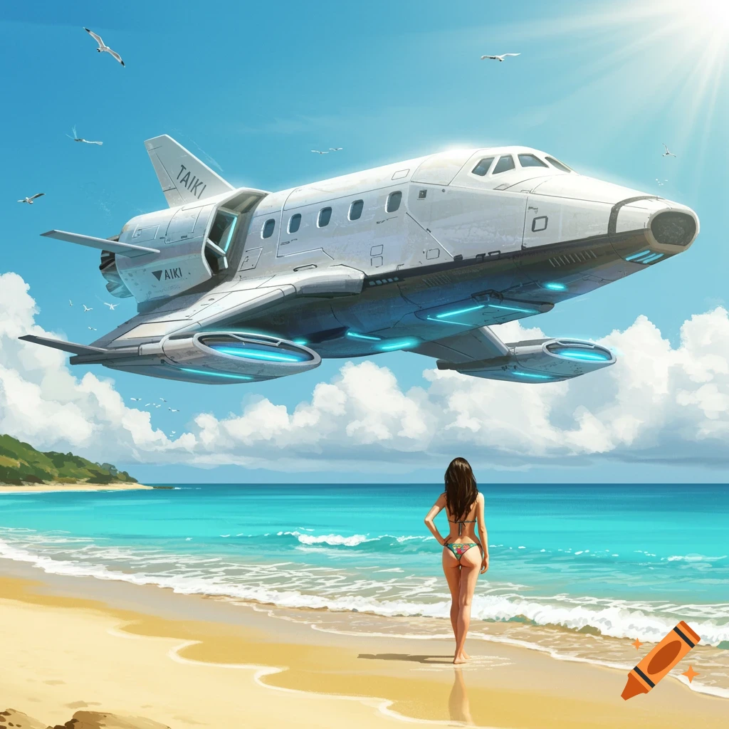 A woman in a bikini on a tropical beach looks at a futuristic white shuttle with glowing engines hovering over the ocean.