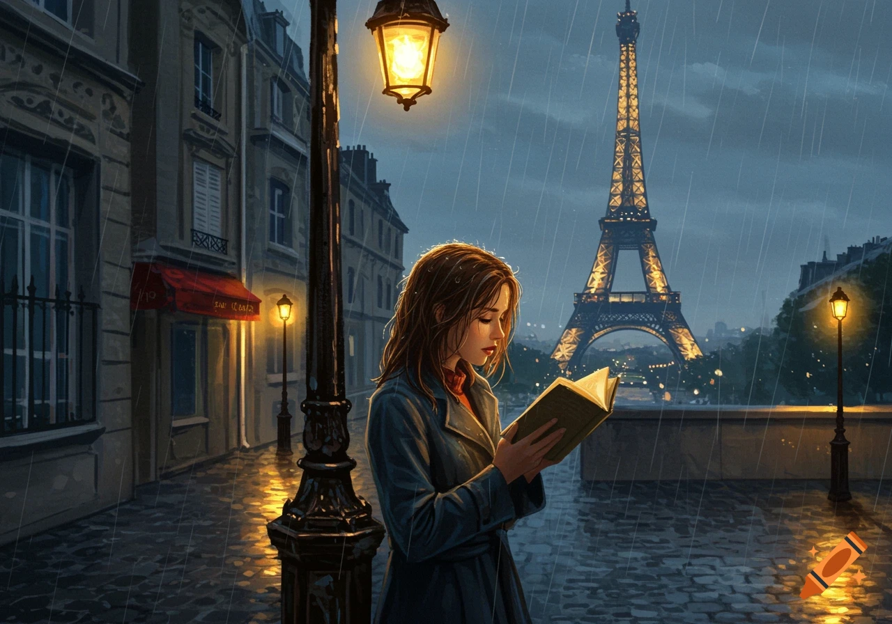 A woman reads a book under a street lamp on a rainy night in Paris, with the Eiffel Tower in the background.