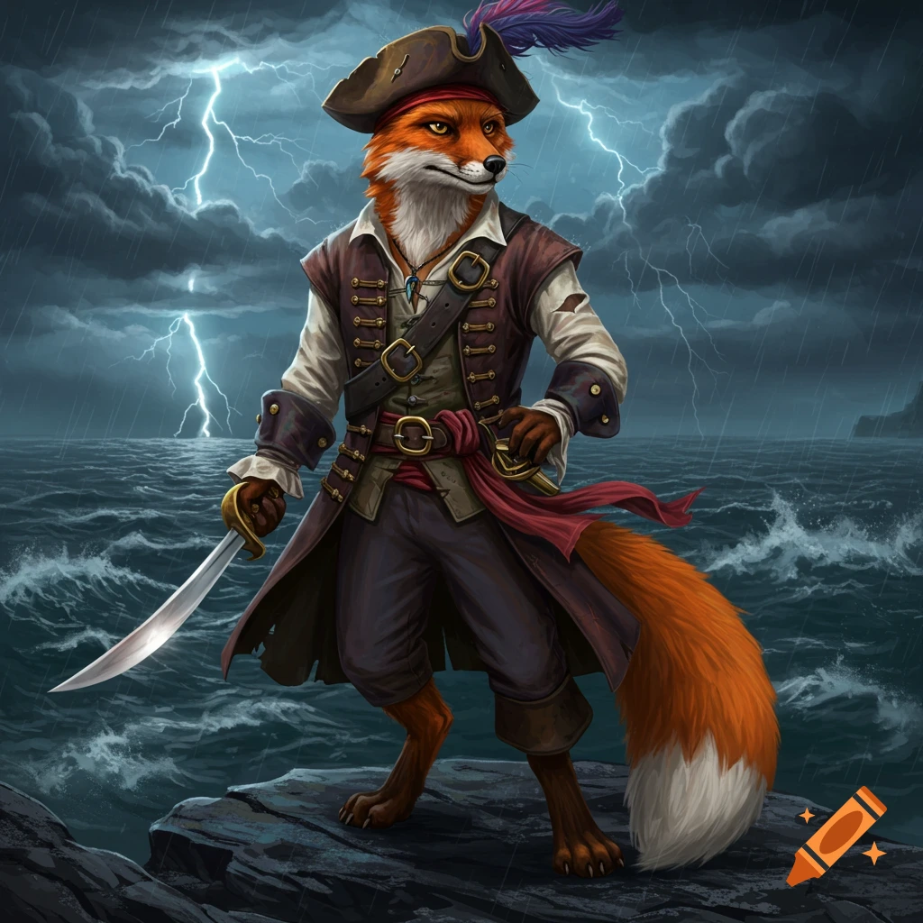 An anthropomorphic fox pirate stands on rocks by a stormy sea, holding a saber, with lightning striking in the background.