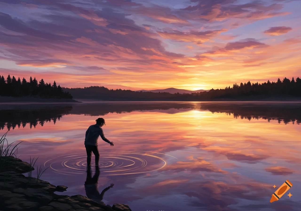 A person stands in a lake at sunset, creating ripples in the water, with a forest and mountains in the background.