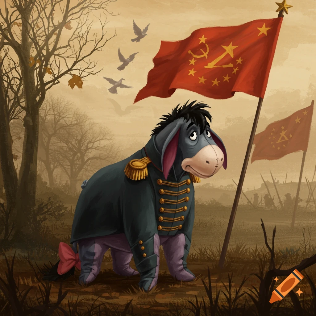 Eeyore from Winnie the Pooh in a military uniform stands in a desolate field with a red communist flag.