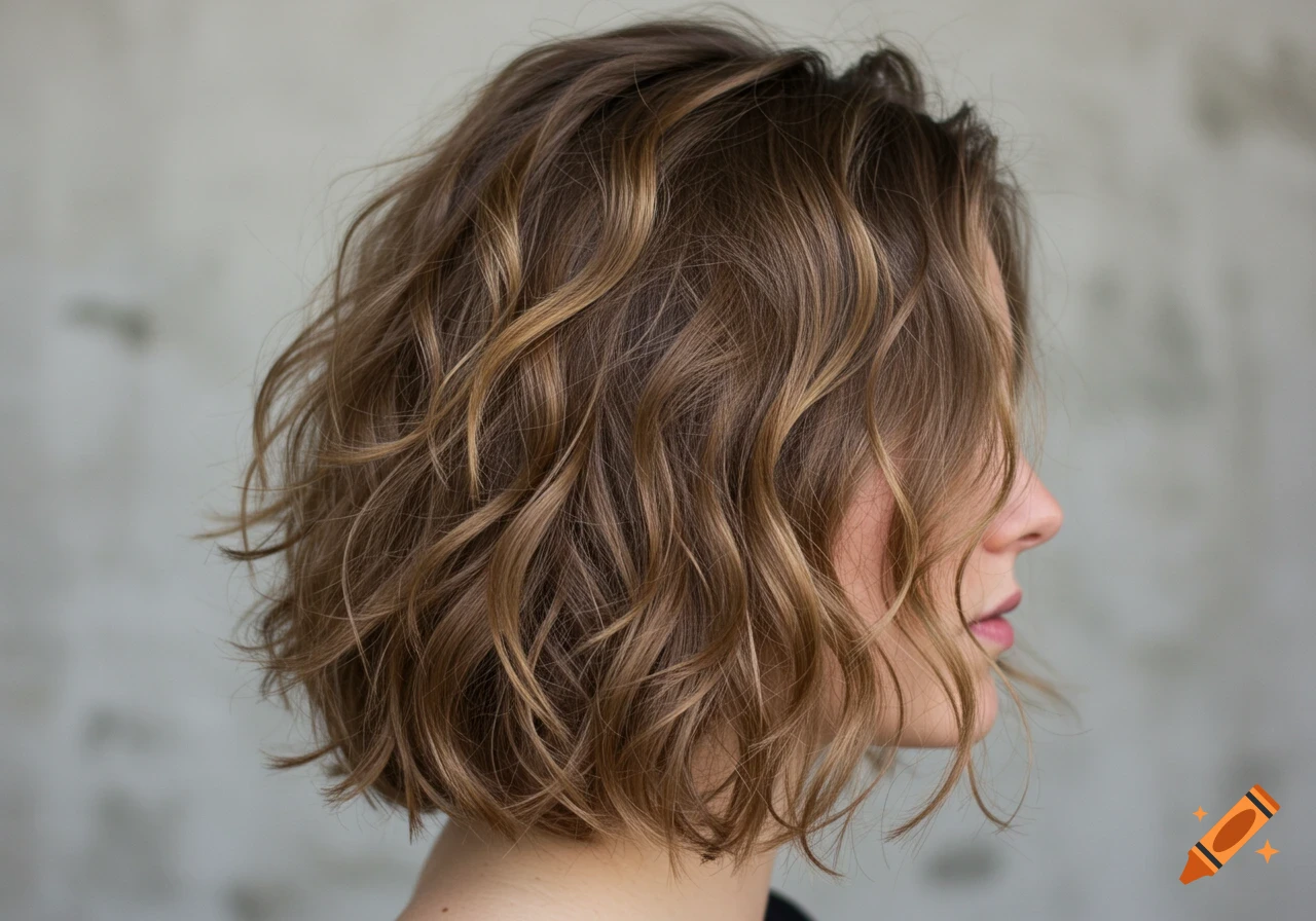 A close-up side profile of a person with wavy, light brown hair with highlights against a grey wall.