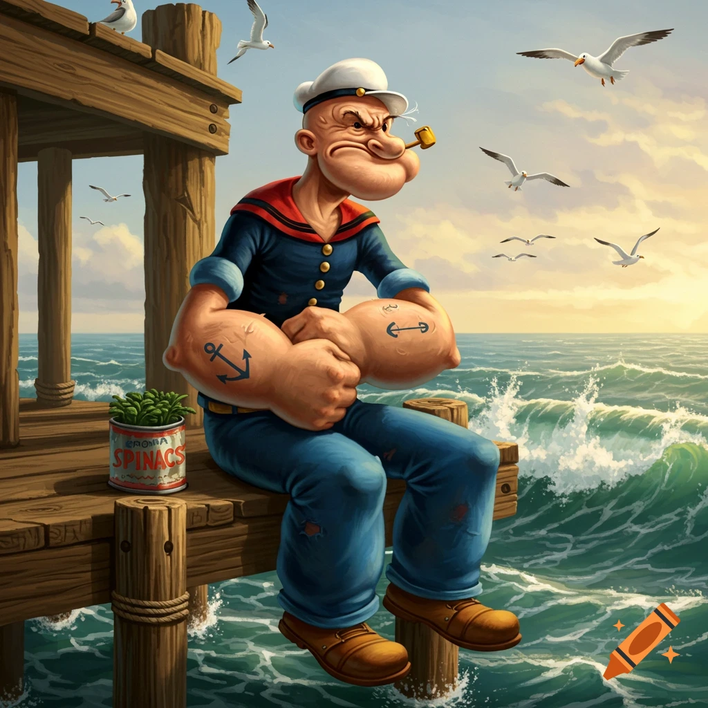 Popeye sits on a wooden dock by the ocean at sunset, holding his large arms, with seagulls flying and a can of spinach next to him.