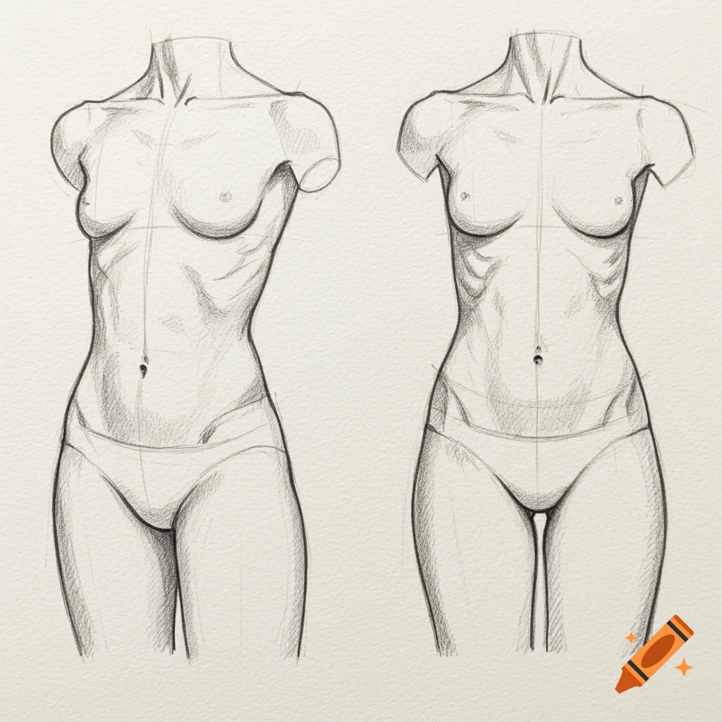 Two detailed pencil sketches of female torsos from the chest to mid-thigh, focused on anatomical study and proportions.