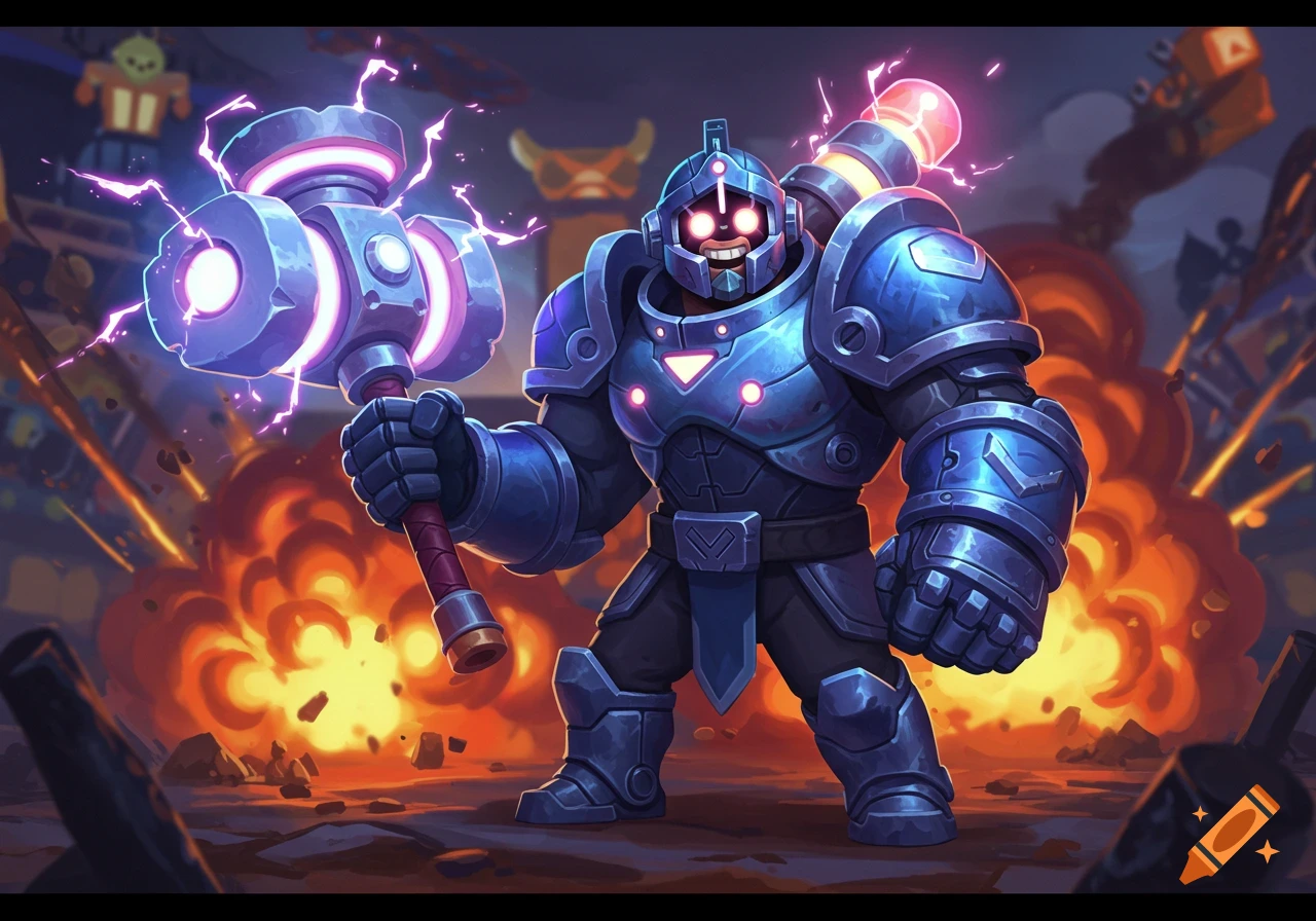 A cartoonish armored robot brawler holds a glowing hammer amid explosions in a battle scene.