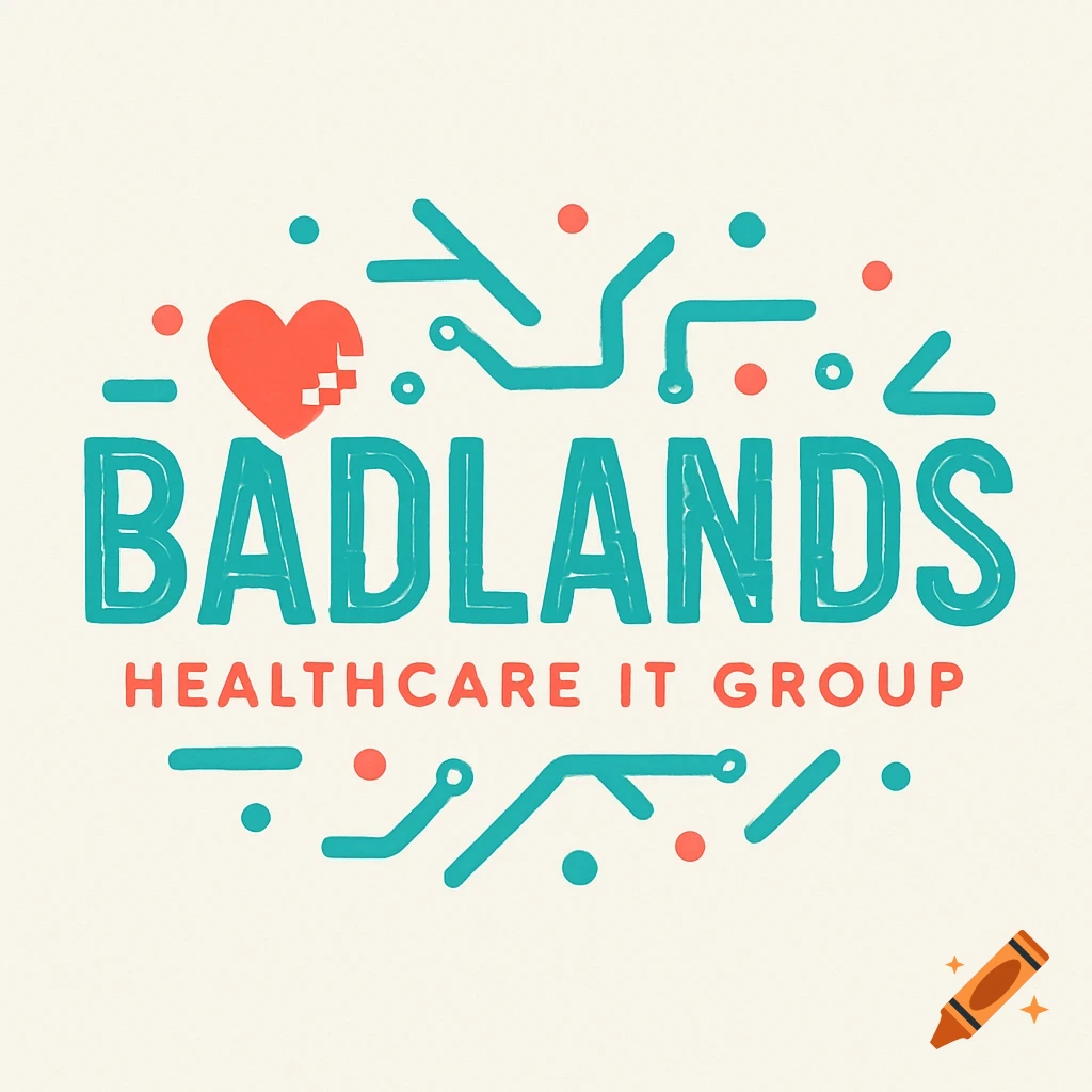 Logo for Badlands Healthcare IT Group with a pixelated heart and abstract circuit board design in teal and coral.