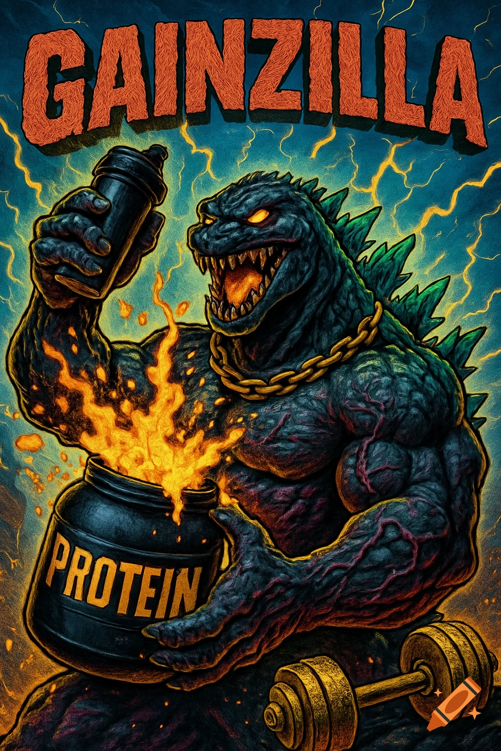 A muscular, Godzilla-like monster pouring fiery protein powder from a tub, with dumbbells and "GAINZILLA" text, in a comic art style.