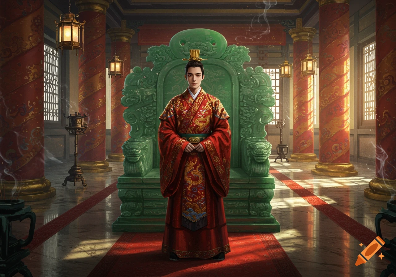 A young Chinese emperor in a red robe stands in a grand palace before a green jade throne.