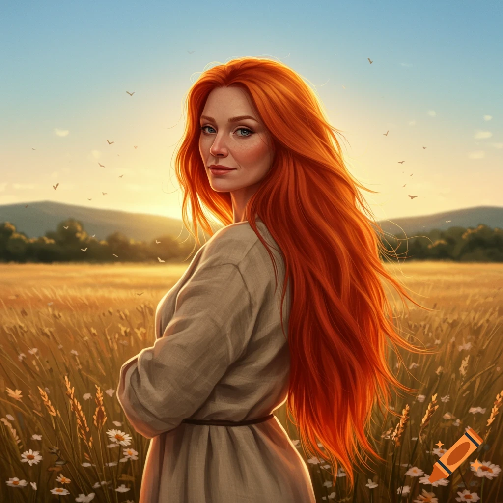 Redhead woman in a flowing dress looks over her shoulder in a sunlit field with wildflowers and distant mountains, illustrated style.