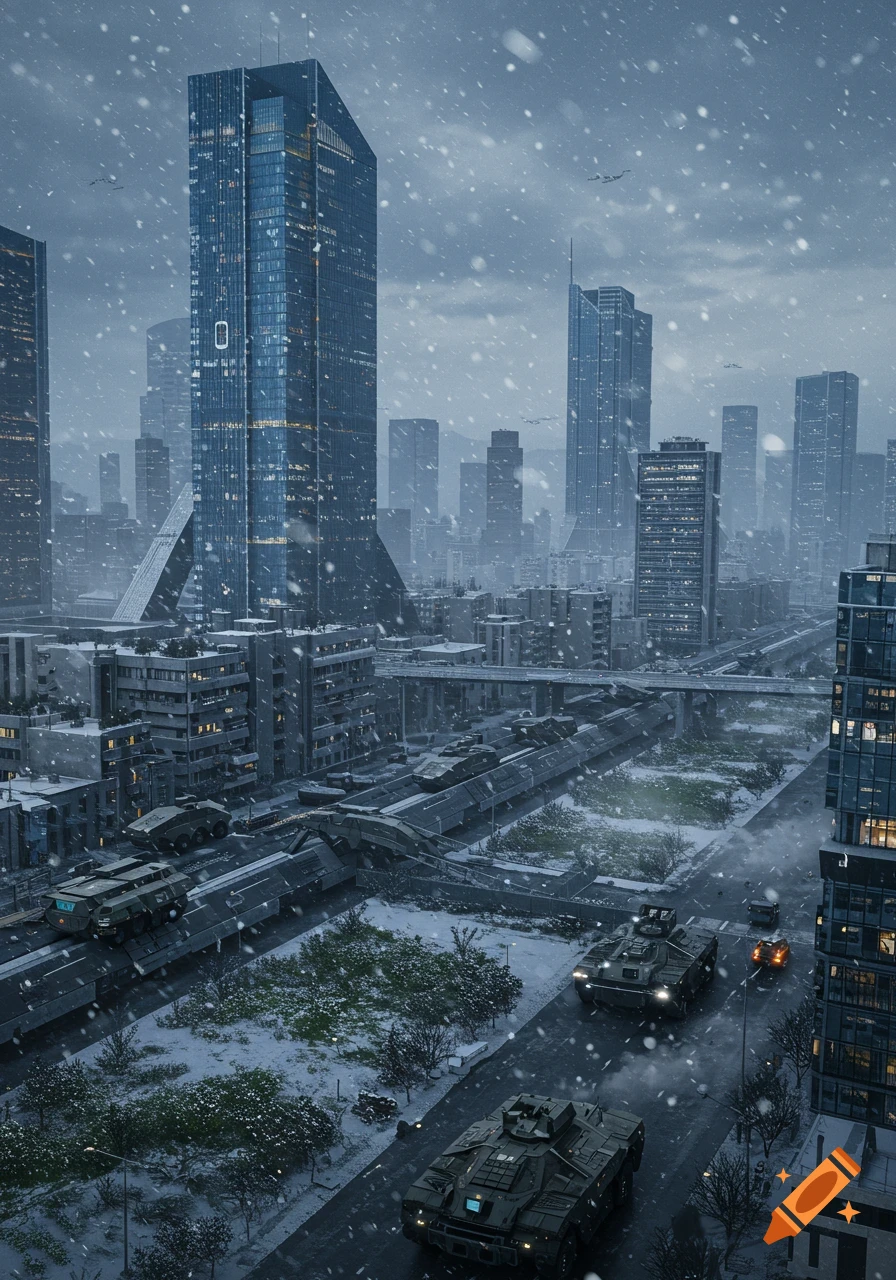 Photorealistic view of a snowy futuristic city with towering skyscrapers and military armored vehicles on the streets.