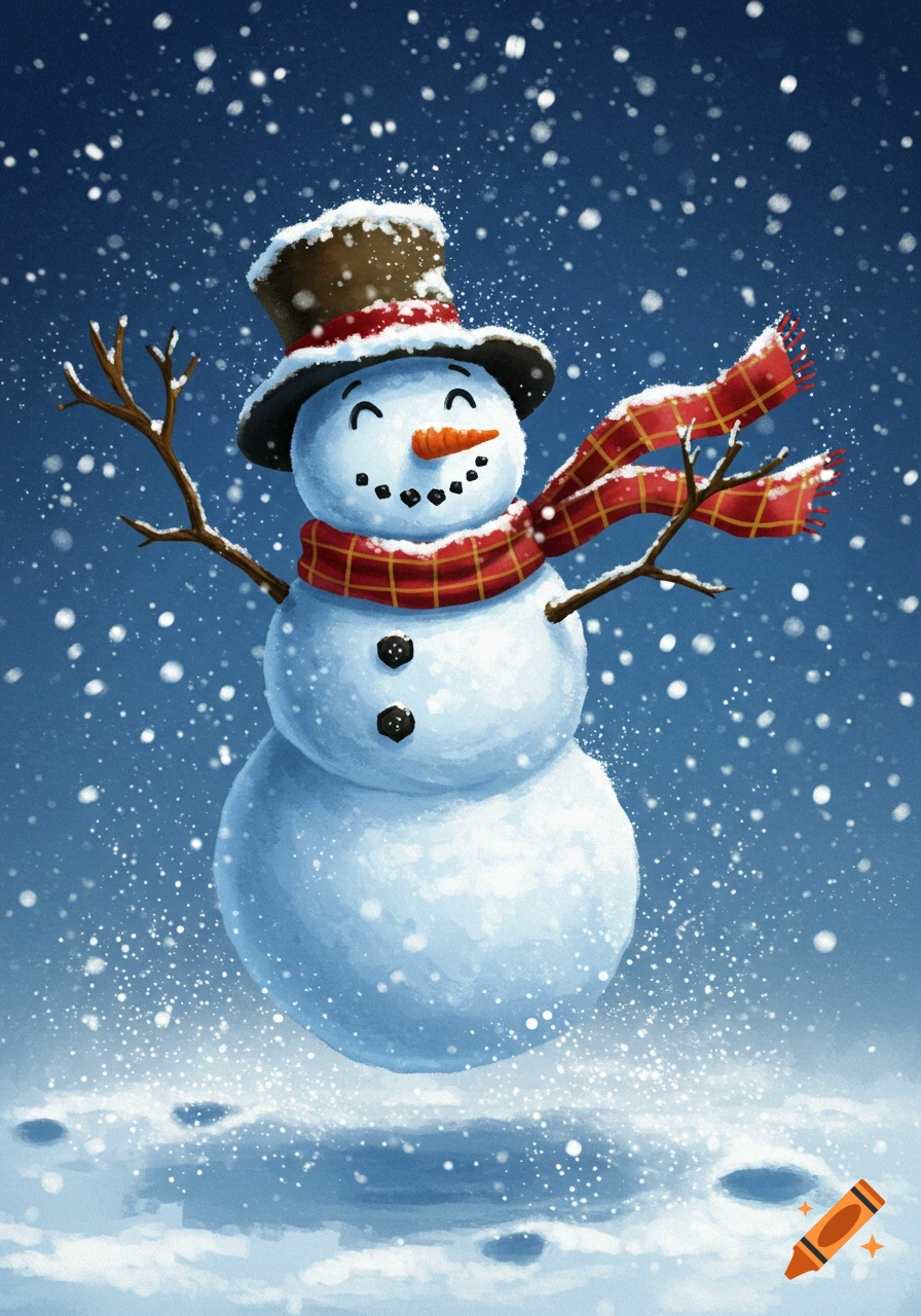 A cheerful snowman wearing a top hat and red scarf dances in falling snow on a blue background, illustrated.