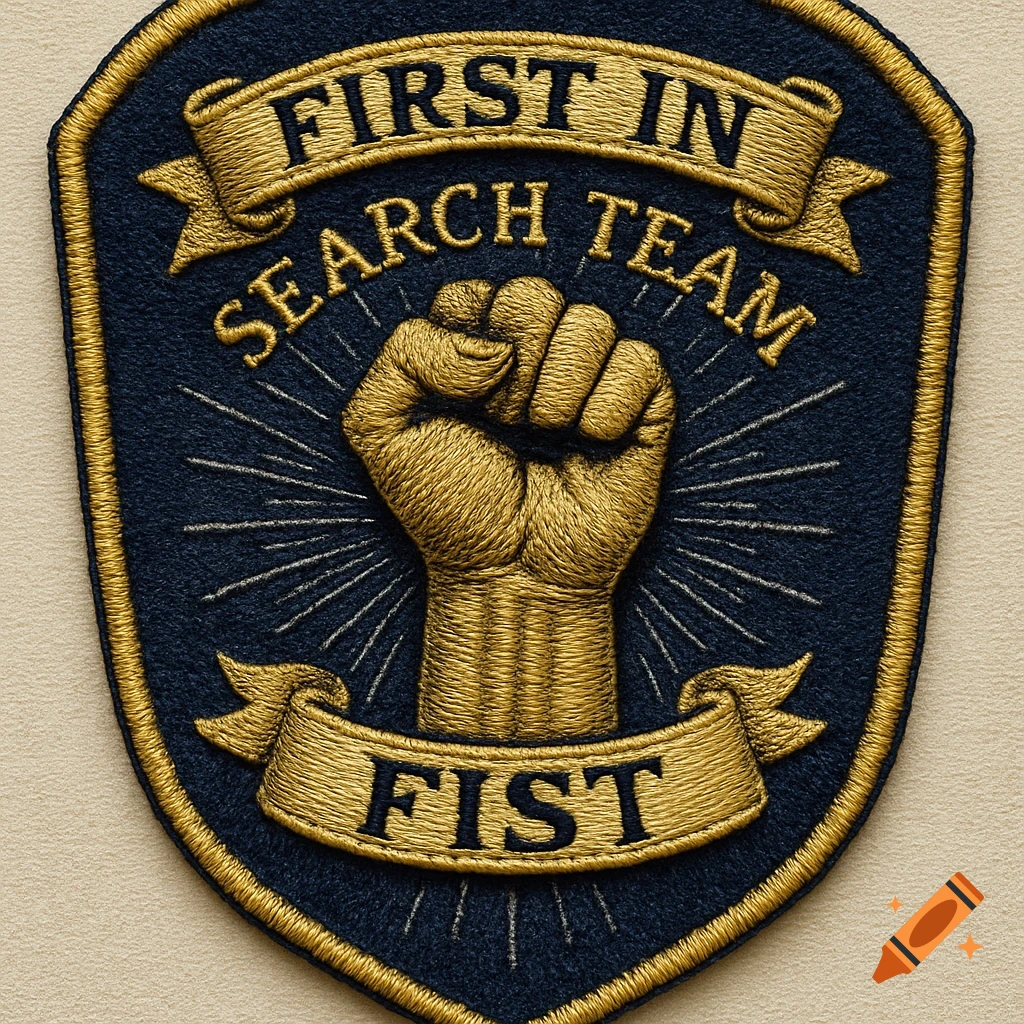 Embroidered police patch with a golden fist surrounded by light rays, and text banners reading 'FIRST IN SEARCH TEAM' and 'FIST'.
