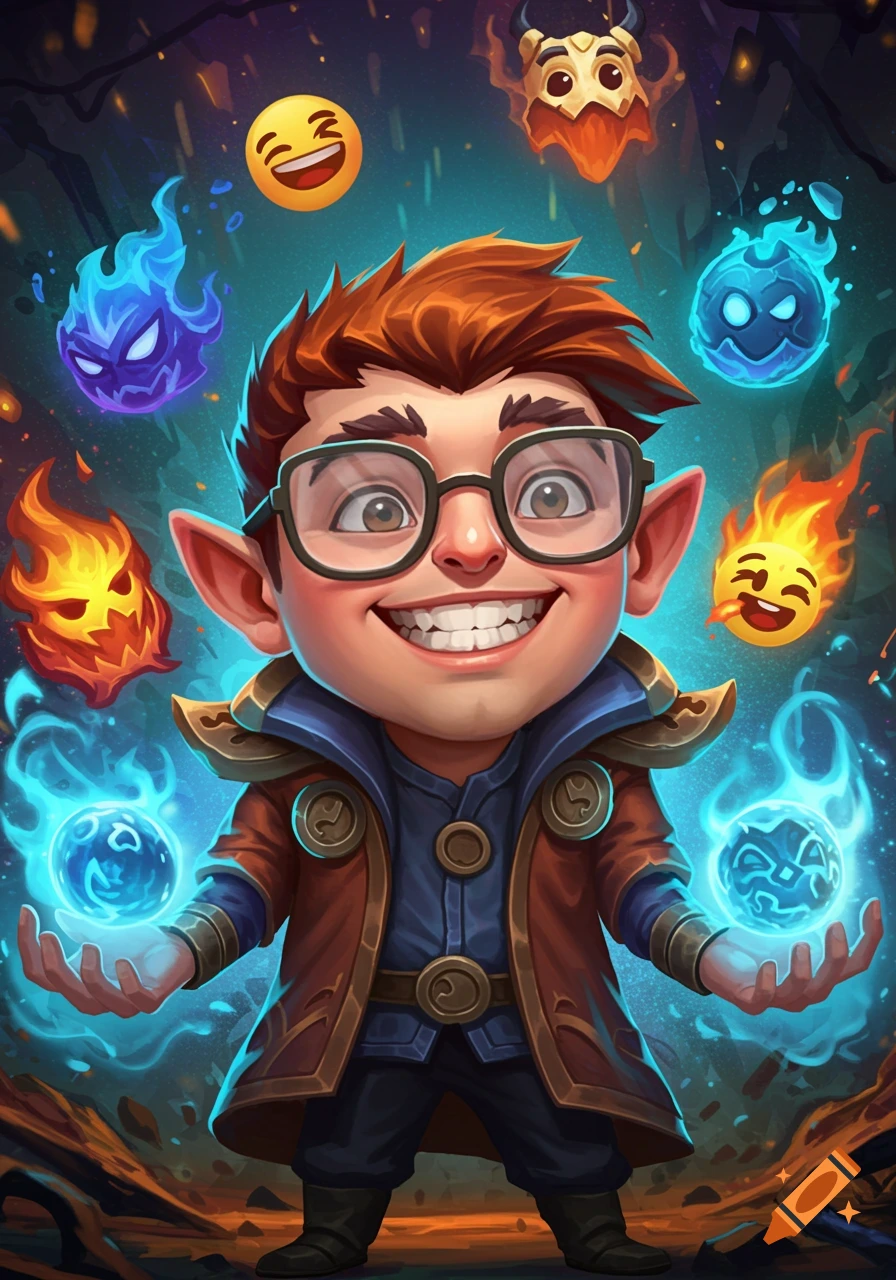 A stylized cartoonish mage character with glasses and pointy ears holds glowing blue orbs, surrounded by floating elemental creatures and emojis, in a magical fantasy setting.