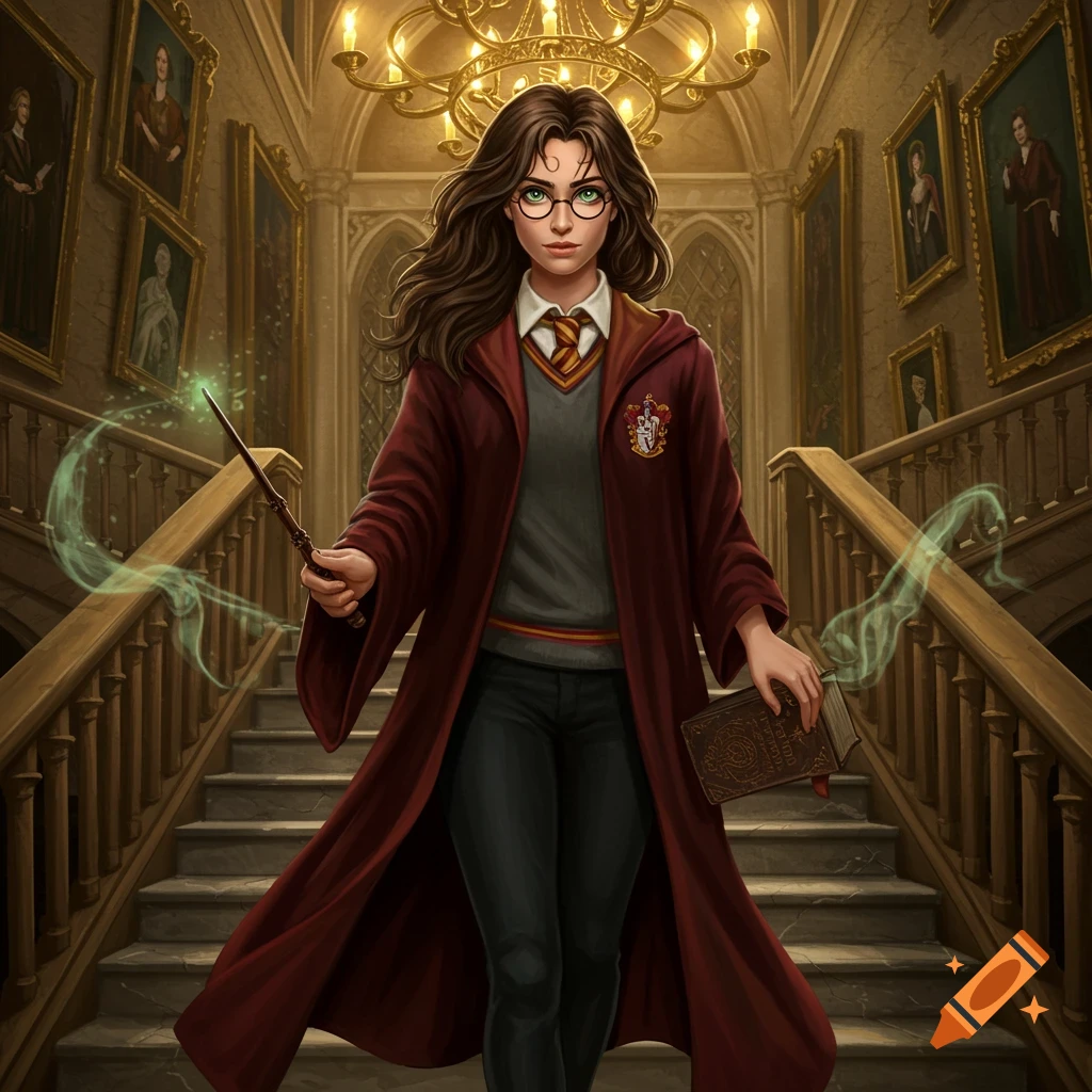A female character with brown hair and glasses, wearing a red robe, stands on a grand staircase, holding a wand and a book.