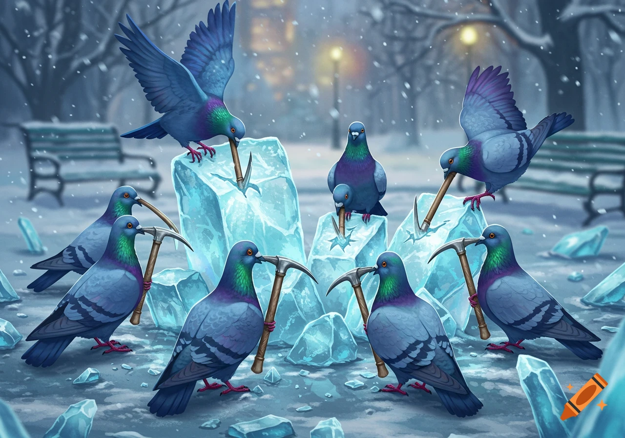 A whimsical illustration of pigeons with ice picks for heads, pecking at ice blocks in a snowy park.