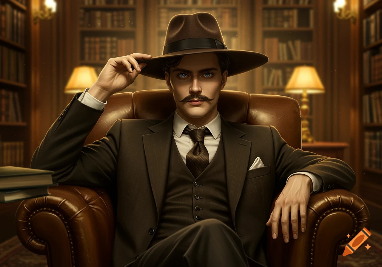 A stylish man with a mustache and fedora sits in a leather armchair in a library, adjusting his hat.