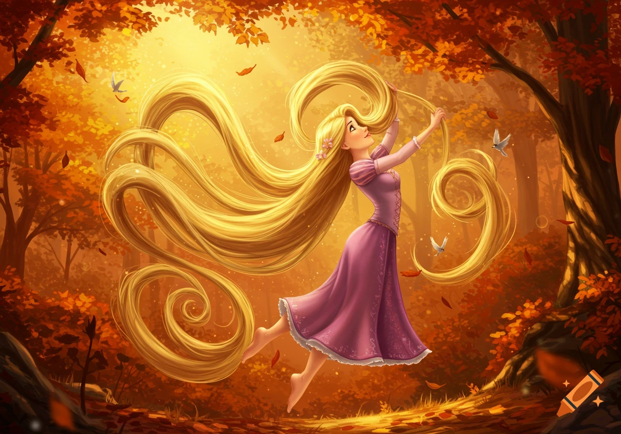 Rapunzel floats in a vibrant autumn forest, her long golden hair swirling around her, with falling leaves and birds. Illustrated fantasy.