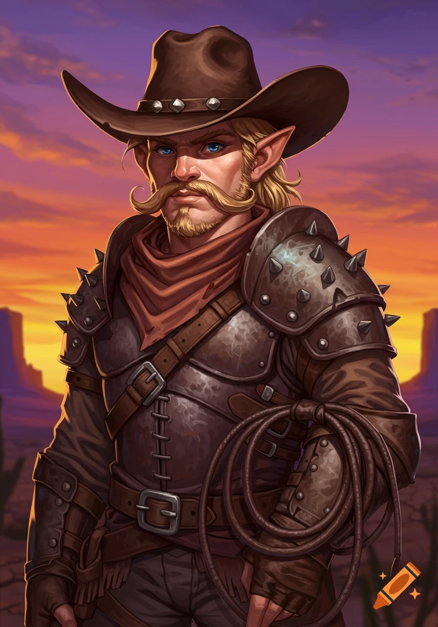 A fantasy elf cowboy with a curled mustache, wearing a hat, studded armor, and holding a whip, against a desert sunset.