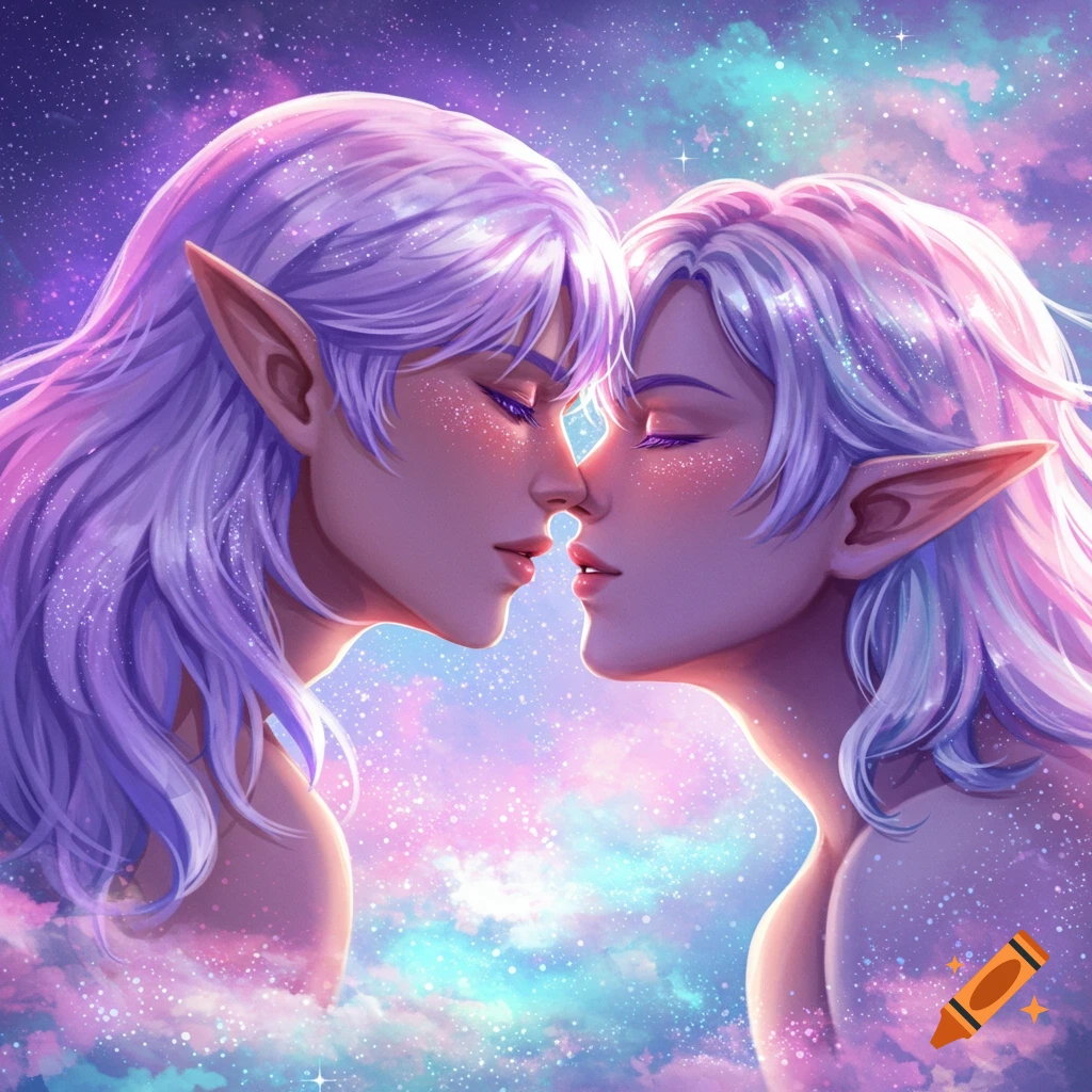 Two elf-like figures with long, flowing white and purple hair, close to kissing against a vibrant cosmic background.