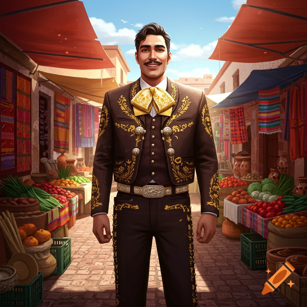 A smiling Mexican man in a charro suit stands in a vibrant outdoor market with stalls selling fruits and textiles.