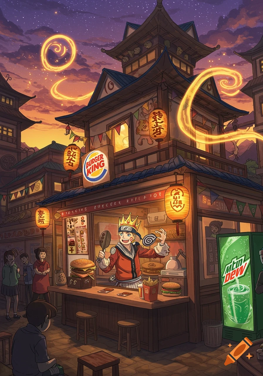 Anime-style illustration of Naruto, wearing a crown and headband, serving burgers at a magical Burger King in a Japanese-style town at sunset.