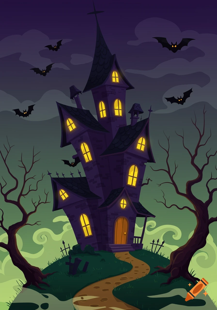 A vibrant cartoon image of a spooky haunted house on a hill, with glowing windows, bare trees, and bats flying in a dark, cloudy sky.