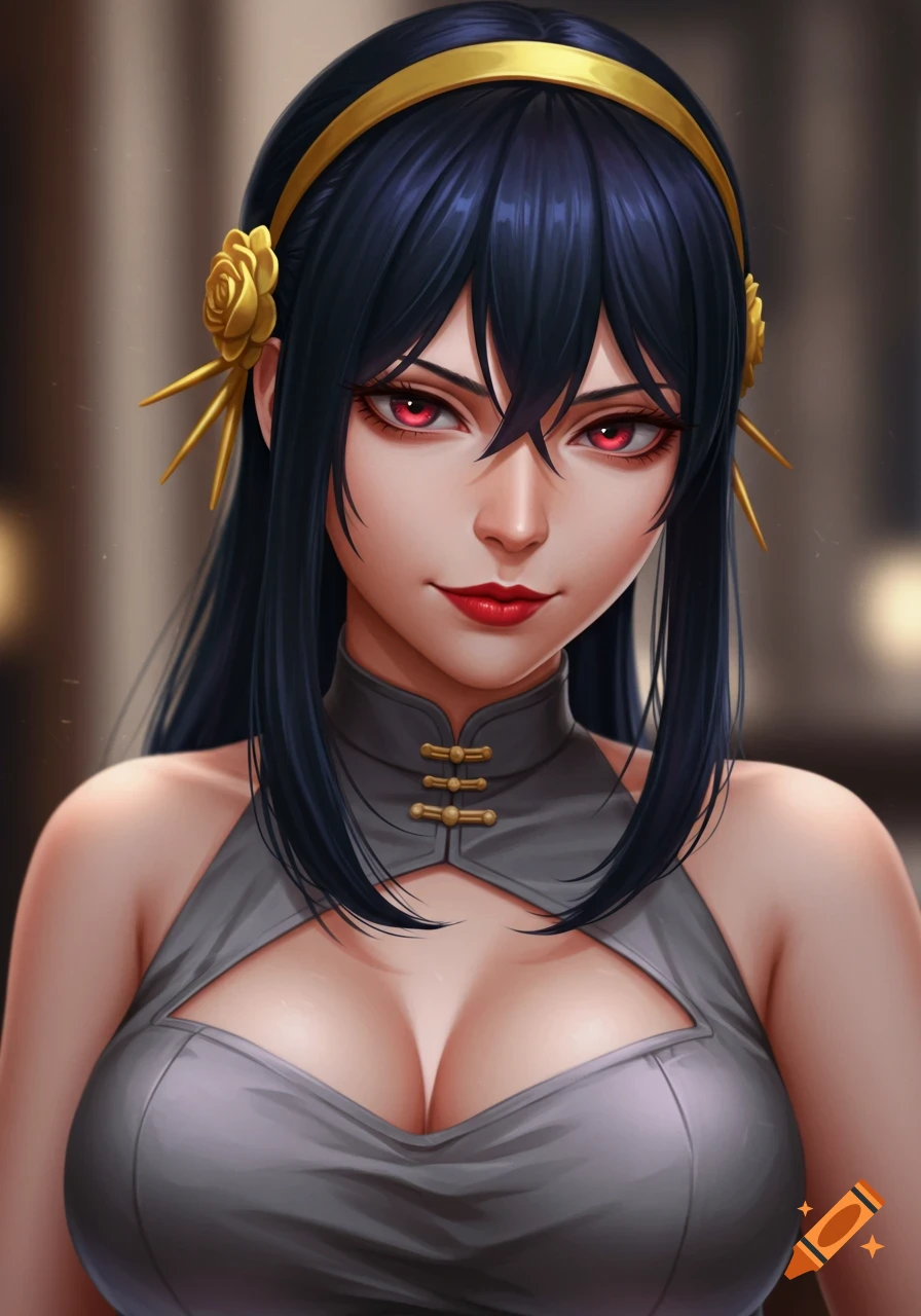 Detailed realistic portrait of Yor Forger with dark hair, red eyes, a gold headpiece, and a gray dress showing cleavage.