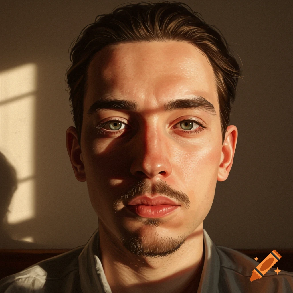 Close-up digital painting of a man with a mustache and goatee, green eyes, dramatic lighting, and window shadows.