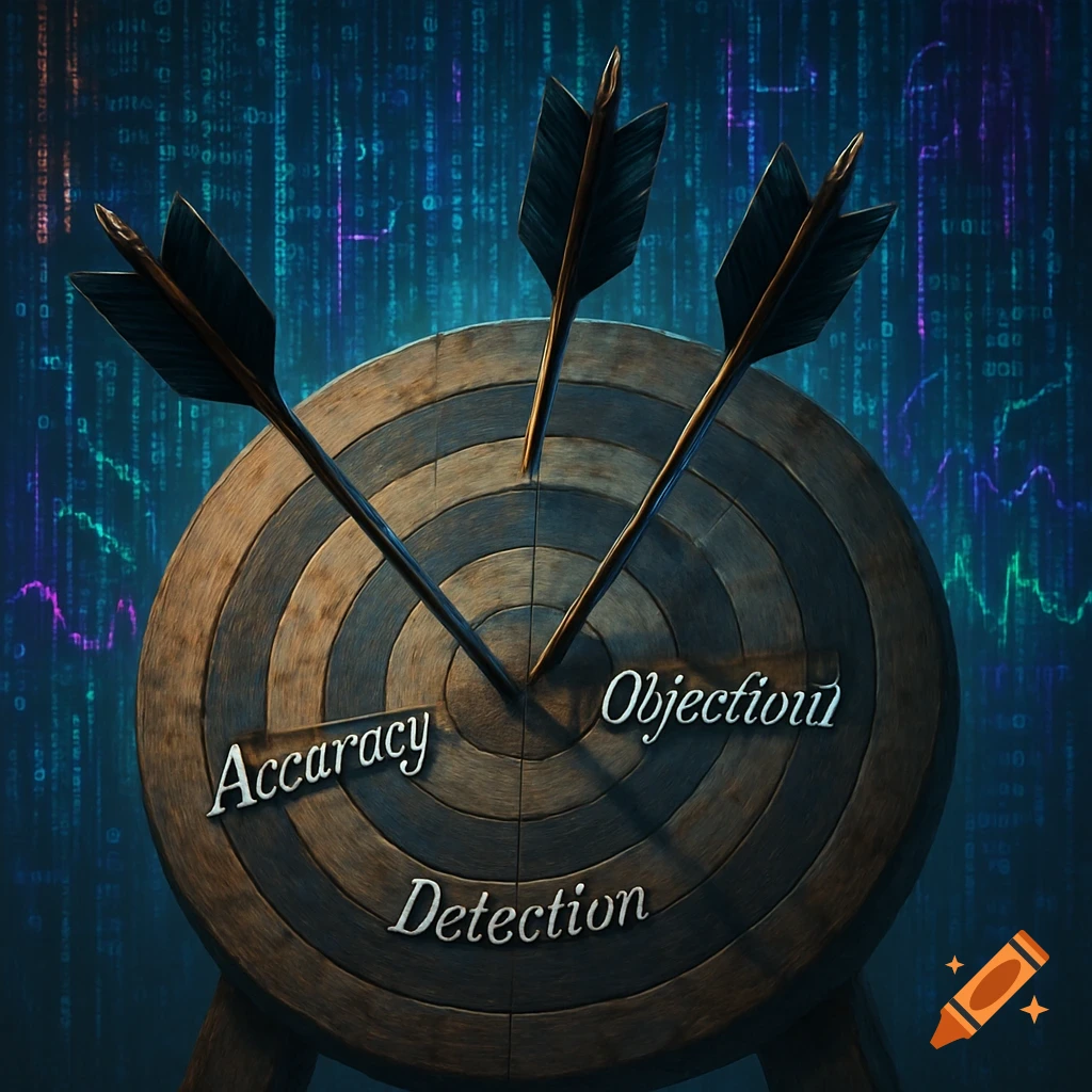 A wooden target board with three arrows, labeled 'Accuracy', 'Objectioul', and 'Detection', against a background of blue and purple digital code.