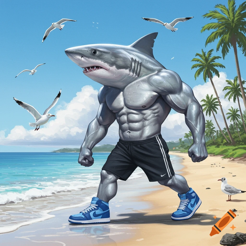 A muscular shark wearing black shorts and blue sneakers walks on a sandy beach under a blue sky, with palm trees and seagulls.