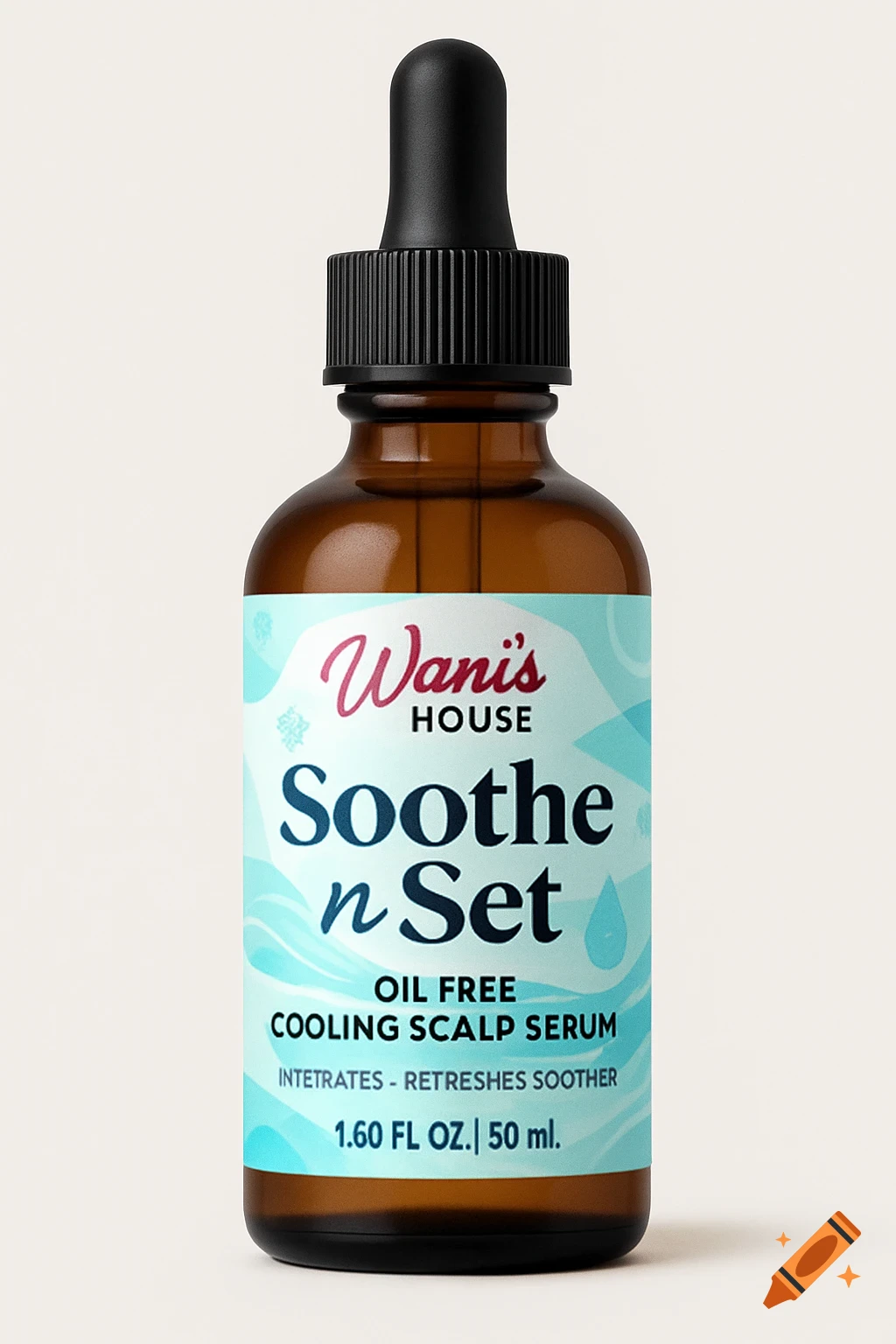 A brown glass dropper bottle with a black cap, featuring a blue and white label for Wani's House Soothe n Set Oil-Free Cooling Scalp Serum.