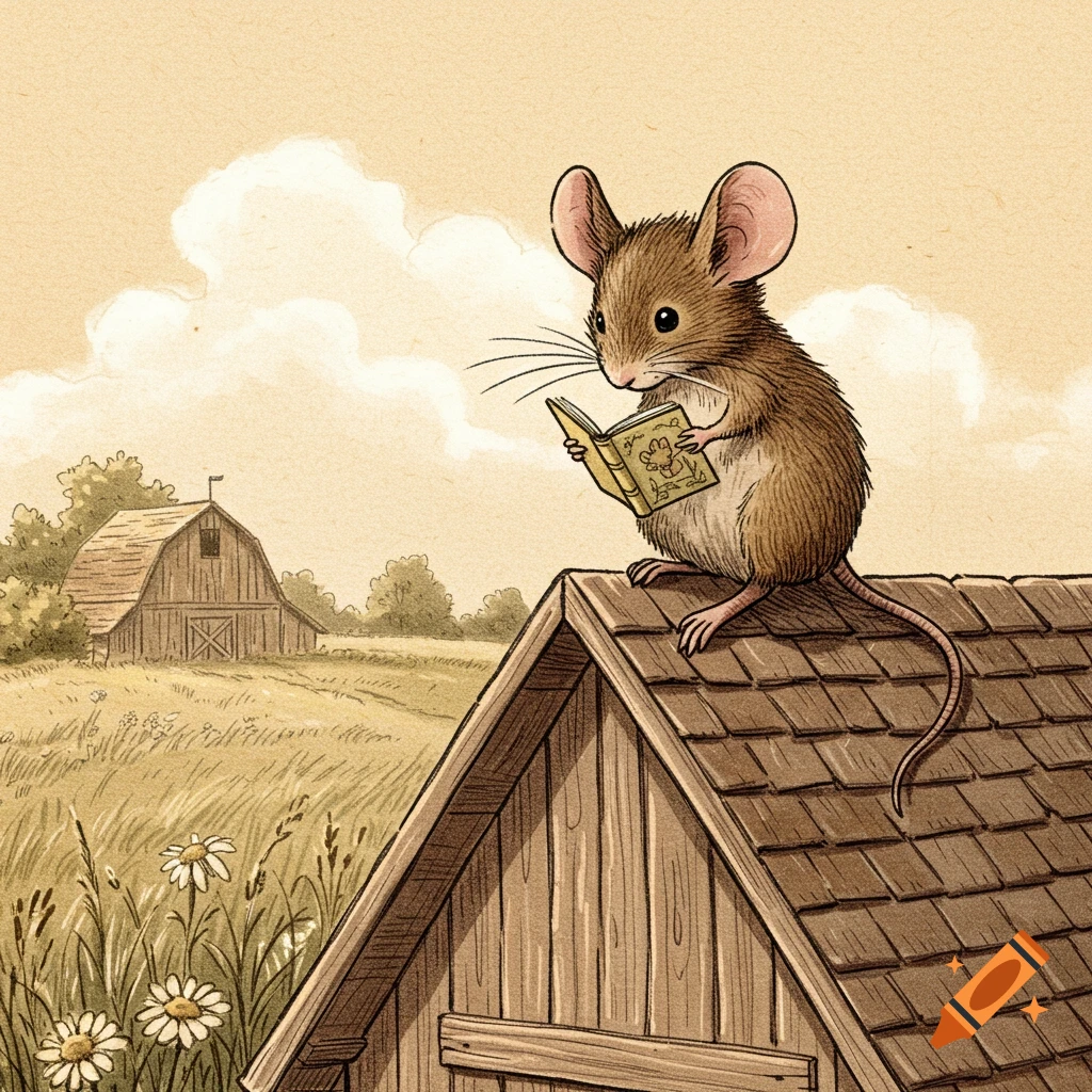 A brown mouse with large ears sits on a barn roof, reading a small yellow book. A barn and field with daisies are in the background, in an illustrated style.