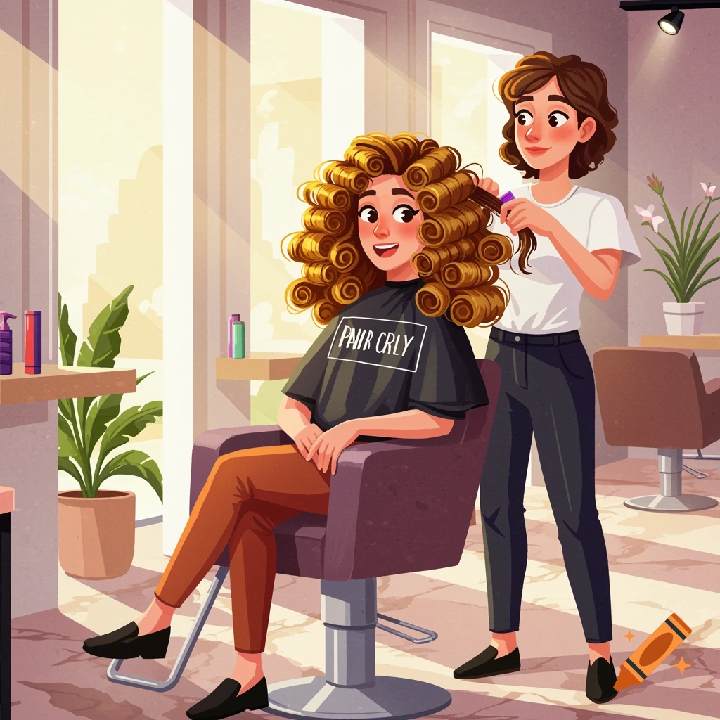 Two women in a bright cartoon hair salon, one with curlers getting a perm, the other styling her hair.