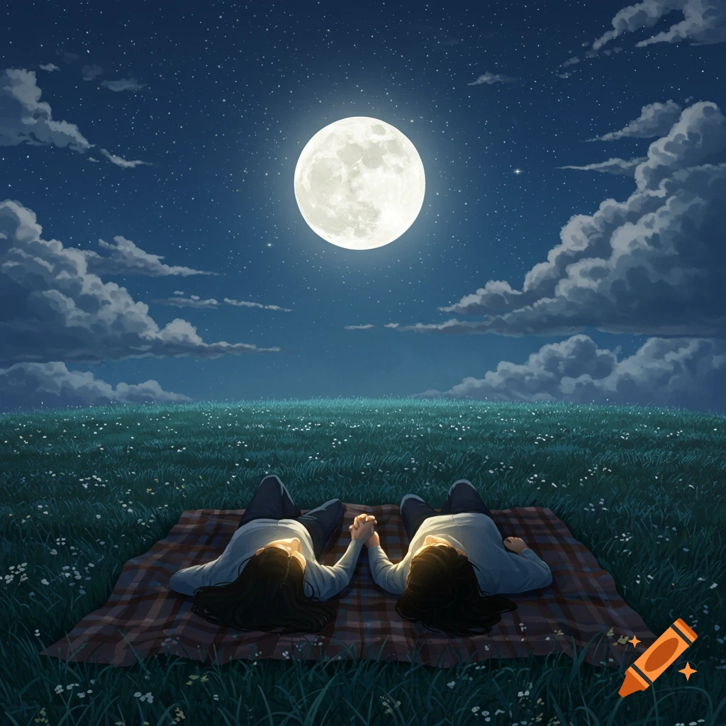 Two people lie on a blanket in a grassy field at night, looking up at a bright full moon and starry sky.