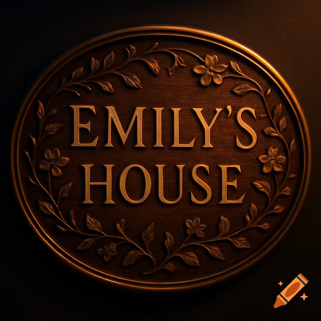A rustic oval wooden sign with gold raised letters spelling "EMILY'S HOUSE" surrounded by carved floral designs.
