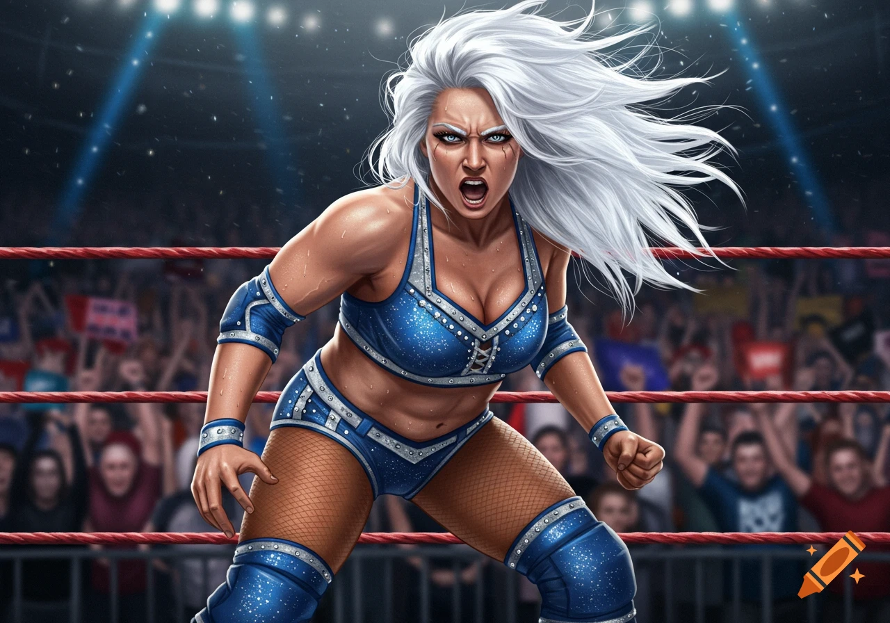 A fierce female wrestler with long white hair in a blue and silver outfit stands aggressively in a wrestling ring.