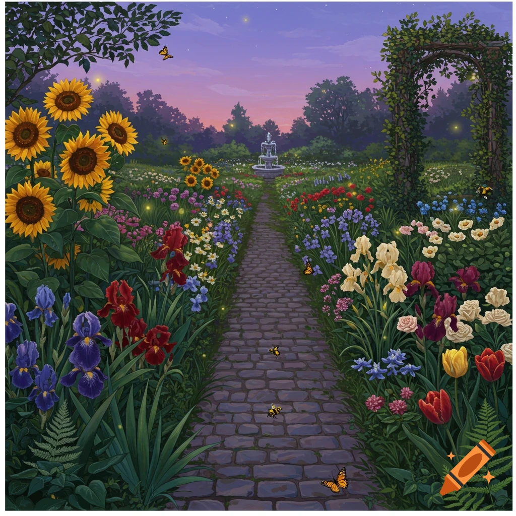 A colorful garden scene at dusk with a cobblestone path leading to a fountain, surrounded by sunflowers, irises, tulips, and other flowers, with butterflies and fireflies.