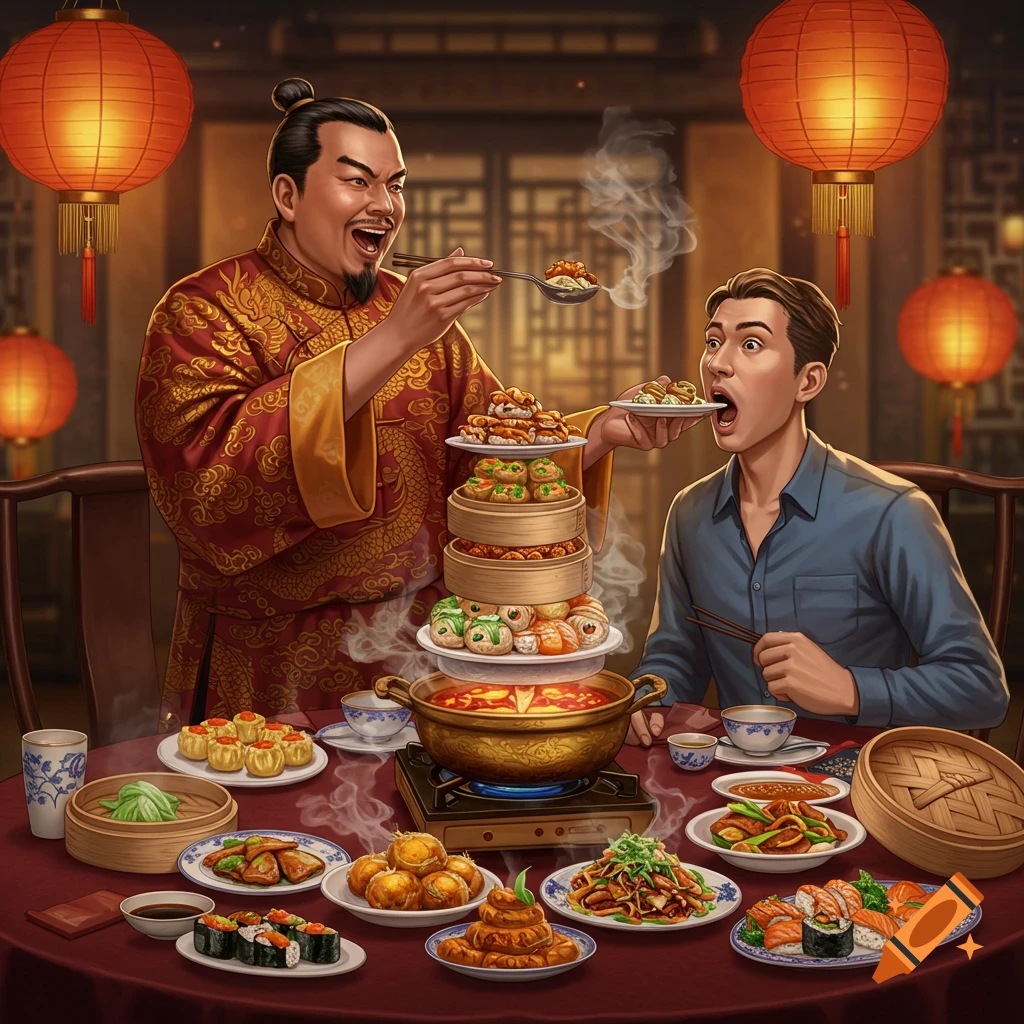 Two men share a massive meal of various Chinese dishes, including a hot pot and dim sum, in a vibrant illustration.
