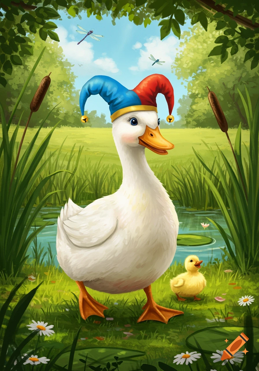 A cartoonish white duck in a red and blue jester hat stands by a pond with a yellow duckling, surrounded by reeds and trees.