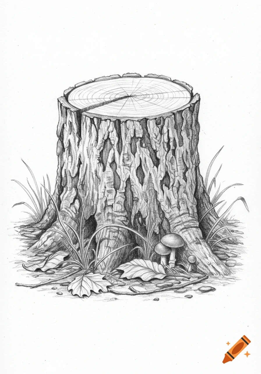 A detailed pencil drawing of a tree stump with visible growth rings, surrounded by grass, leaves, and mushrooms, on a white background.