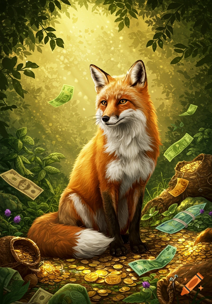 A red fox sits among gold coins and falling money bills in a sunlit forest.