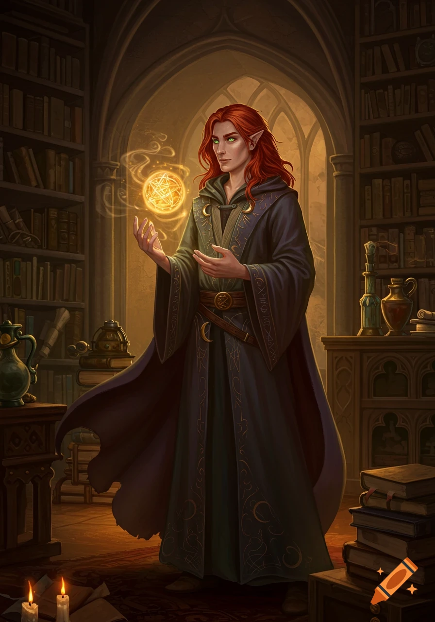 A red-haired elf wizard in a dark robe holds a glowing magical orb in a dimly lit library with bookshelves.