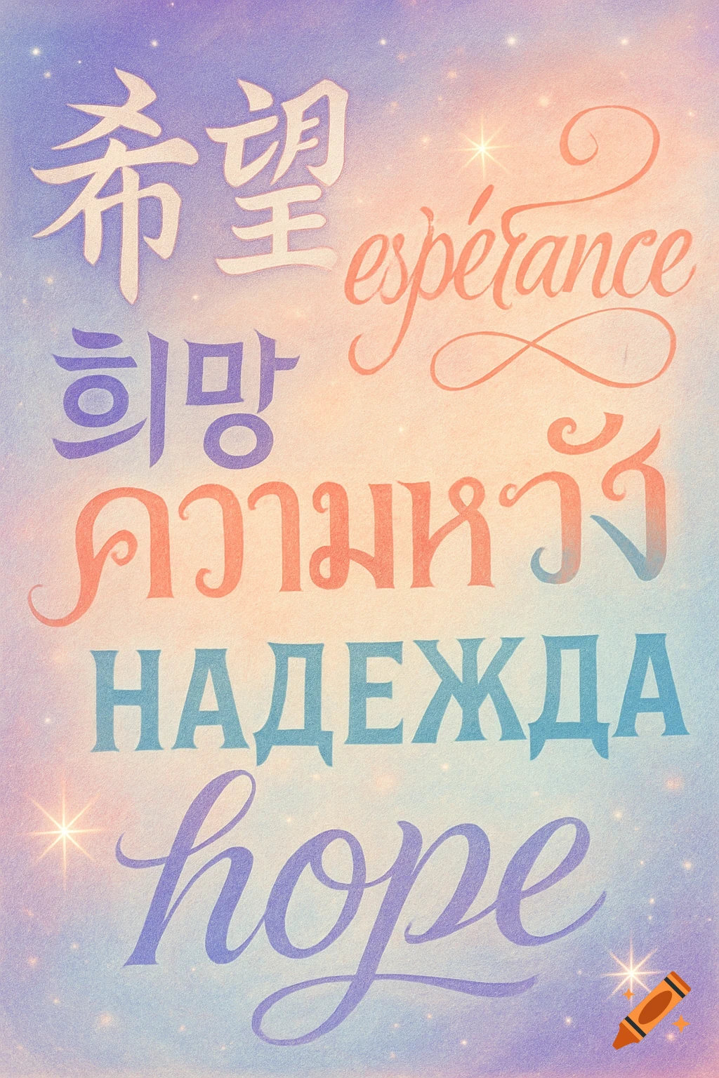 The word 'hope' written in Chinese, French, Korean, Thai, Russian, and English on a pastel gradient starry background.