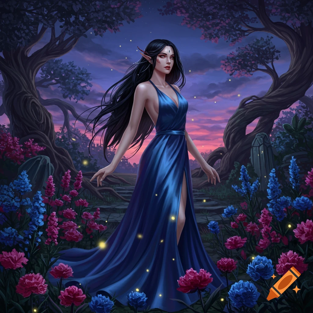 A beautiful elf woman in a flowing blue dress stands in an enchanted forest at dusk, with pink and blue flowers and fireflies.
