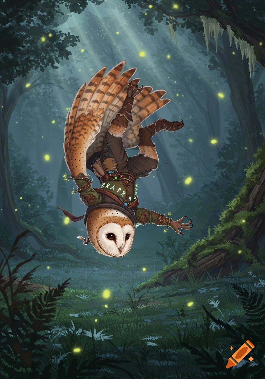 An anthropomorphic barn owl in fantasy adventurer clothes performs a backflip in a magical forest filled with fireflies.