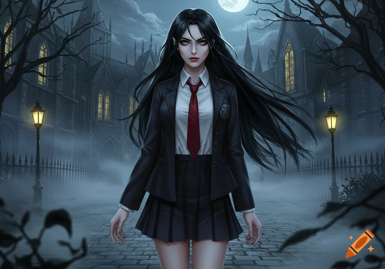 A pale vampire girl with long black hair and green eyes in a school uniform stands before a gothic mansion under a full moon.